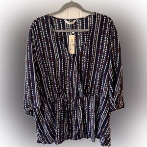 Agnes Orinda 3X Boho V-Neck Blouse NWT Navy Tribal Print Lightweight Top